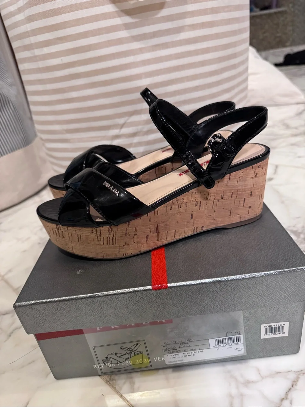 Prada Black Patent Cork Platform Sandals - Women